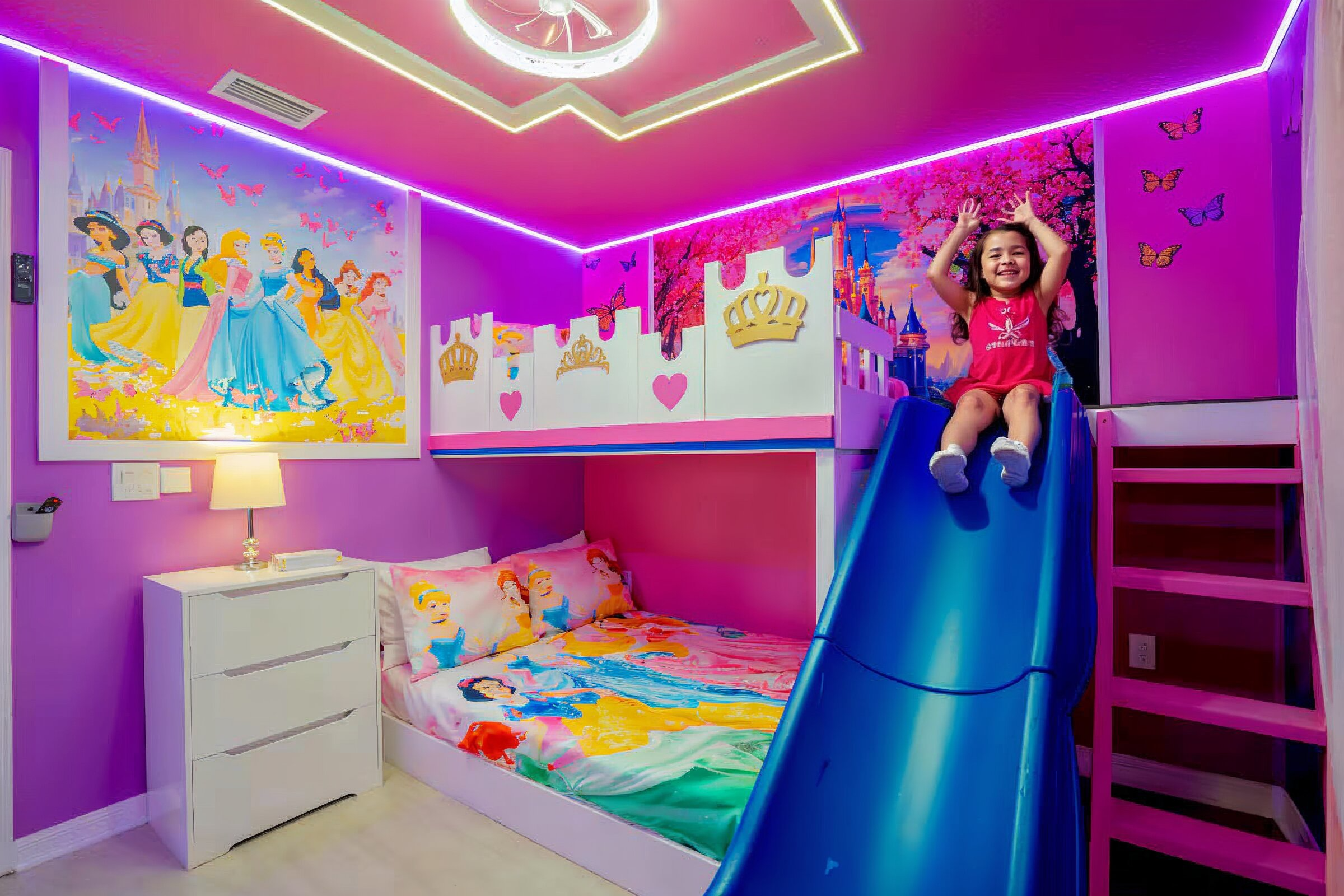 Casa temática — quarto Princesas Disney com escorregador